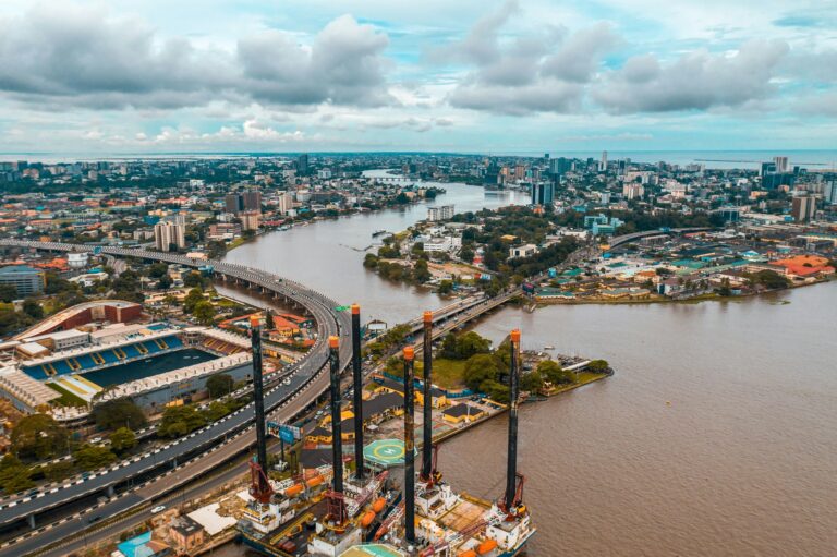 Aerial view of Lagos city waterside roads and buildings